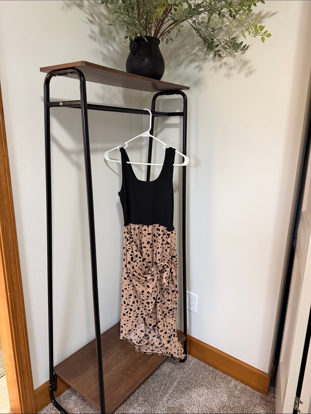 Black & Beige Animal-Print Midi Dress with Knot Detail